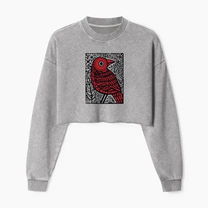 Tokyo-Tiger Retro Woodblock Bird Washed Crop Sweatshirt