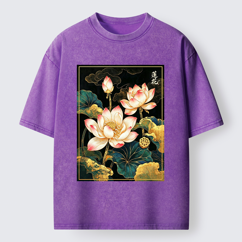 Tokyo-Tiger Oriental Lotus Print Washed T-Shirt