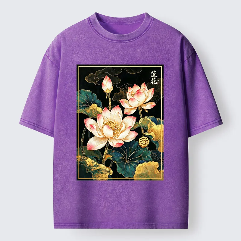 Tokyo-Tiger Oriental Lotus Print Washed T-Shirt
