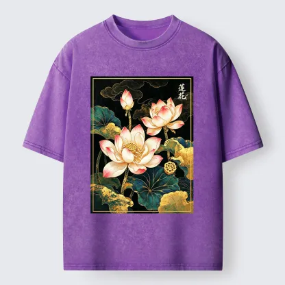 Tokyo-Tiger Oriental Lotus Print Washed T-Shirt