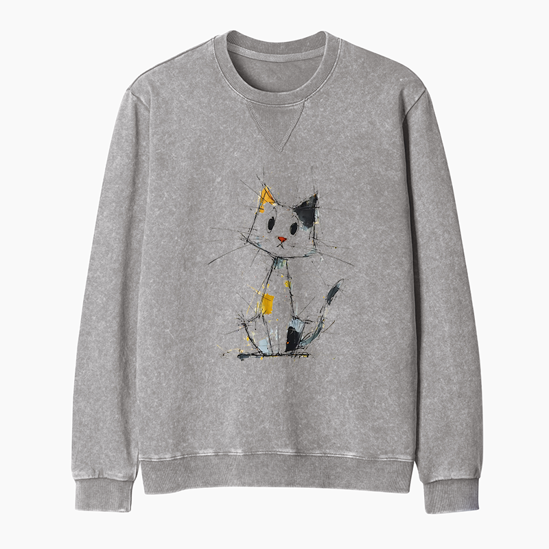 Tokyo-Tiger Minimal Splash Ink Cute Cat Washed Terry Sweatshirt