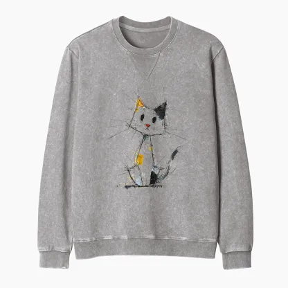 Tokyo-Tiger Minimal Splash Ink Cute Cat Washed Terry Sweatshirt