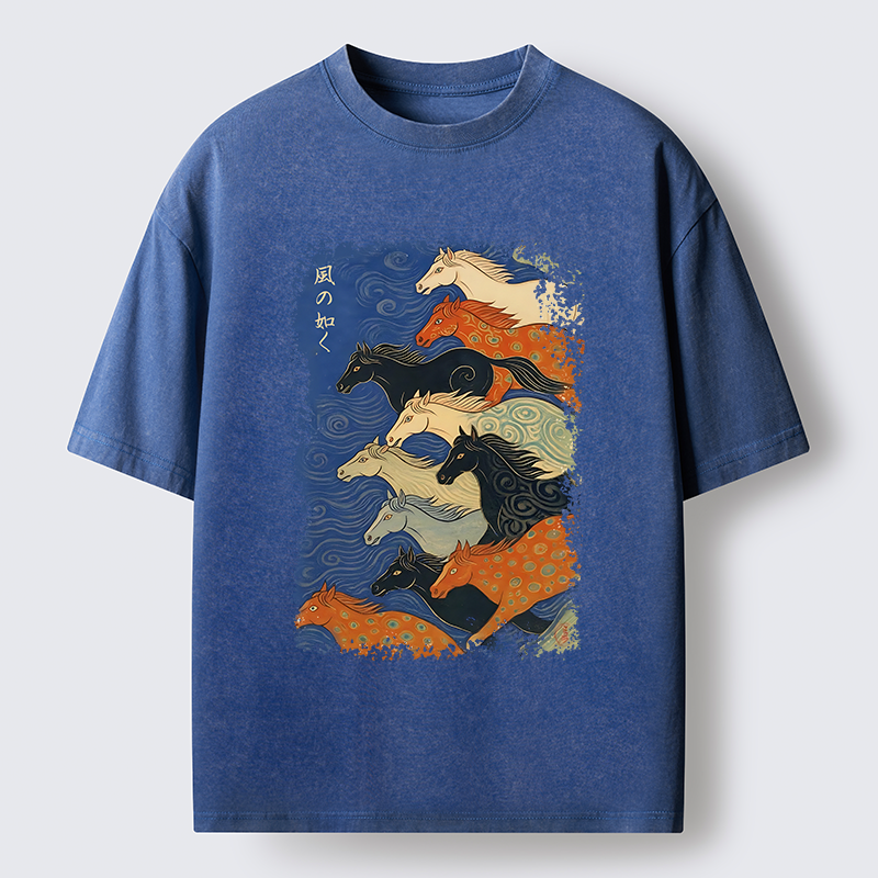 Tokyo-Tiger Vintage Japanese Running Horses Art Washed T-Shirt