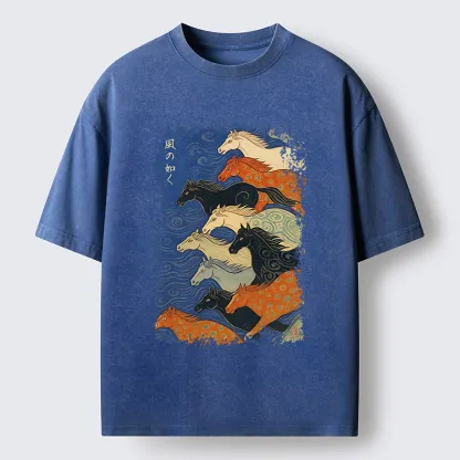Tokyo-Tiger Vintage Japanese Running Horses Art Washed T-Shirt