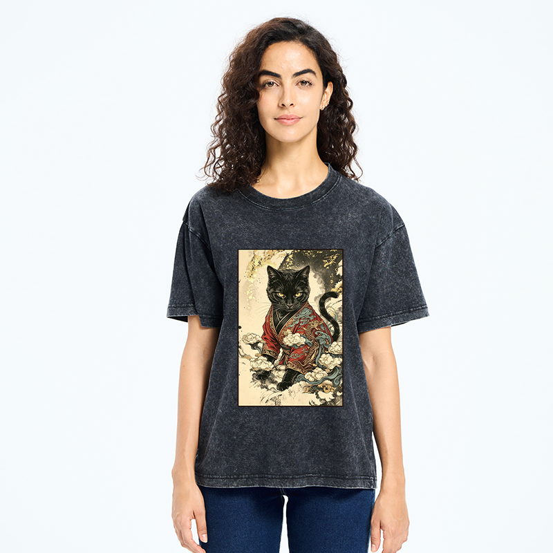 Tokyo‑Tiger Traditional Robe Cat Art Washed T‑Shirt