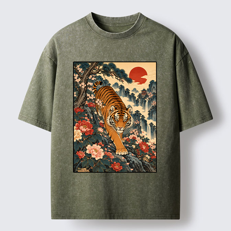 Tokyo-Tiger Vintage Ukiyo Wild Tiger Floral Graphic Washed T-Shirt