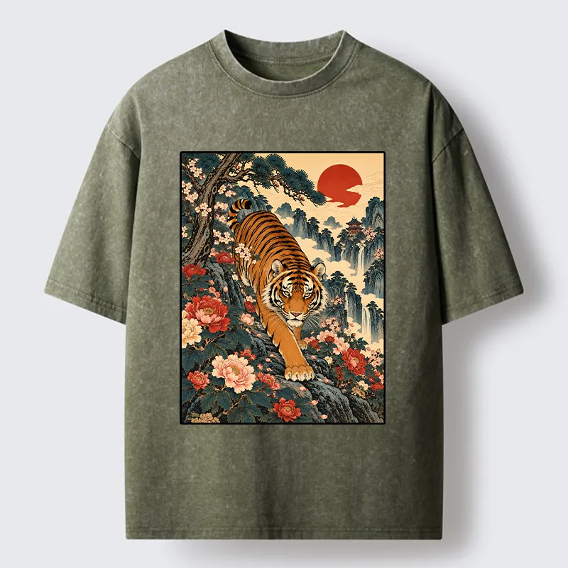 Tokyo‑Tiger Vintage Ukiyo Wild Tiger Floral Graphic Washed T‑Shirt Sale