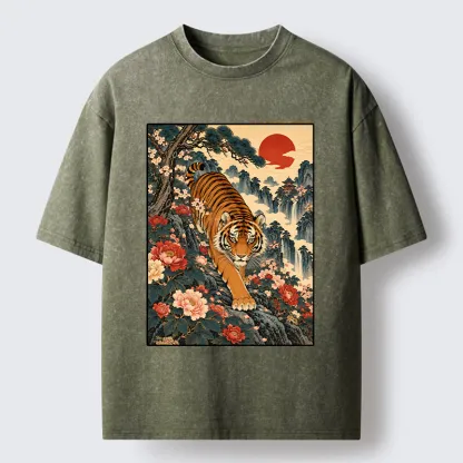 Tokyo-Tiger Vintage Ukiyo Wild Tiger Floral Graphic Washed T-Shirt