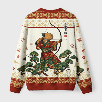 Tokyo-Tiger Kyudo Capybara Fuzzy Christmas Ugly Sweatshirt