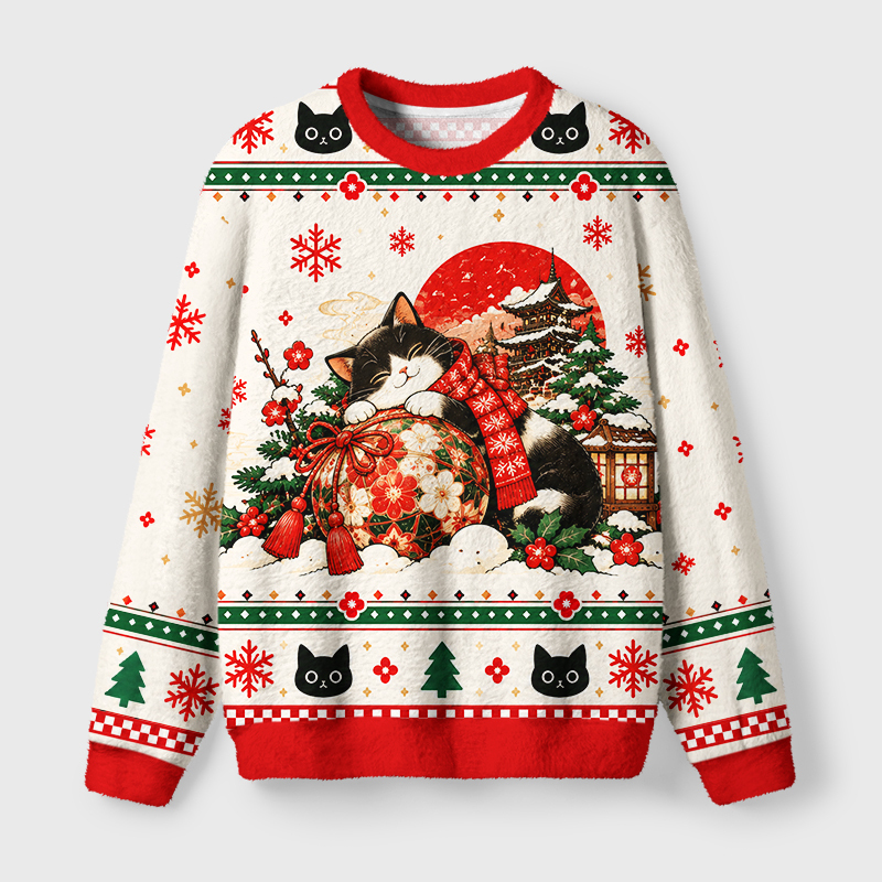 Tokyo-Tiger Japanese Temple Christmas Cat Fuzzy Christmas Ugly Sweatshirt Sale