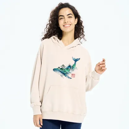 Tokyo-Tiger Whale Ink Painting Landscape Washed Hoodie