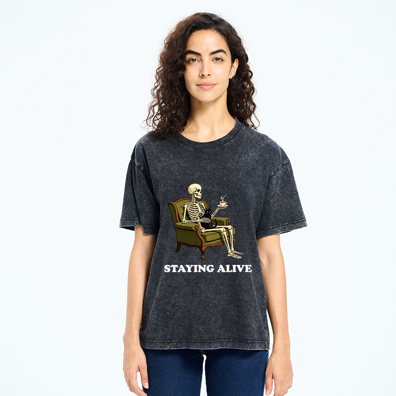 Tokyo‑Tiger Skeleton Coffee Cat Washed T‑Shirt