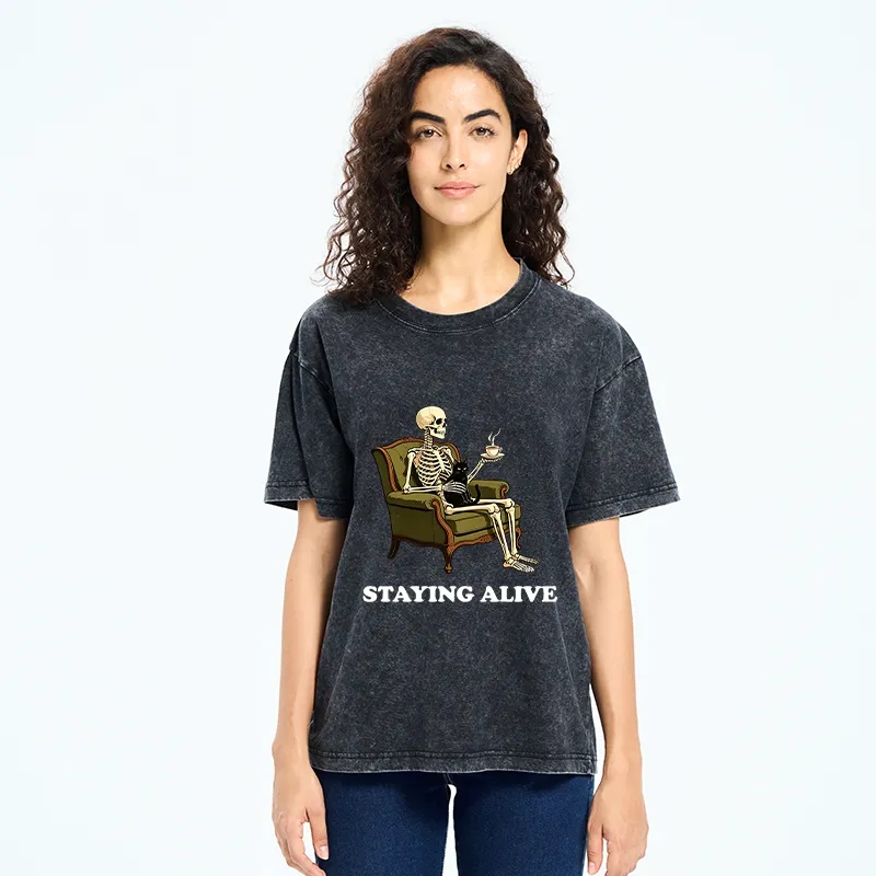 Tokyo‑Tiger Skeleton Coffee Cat Washed T‑Shirt