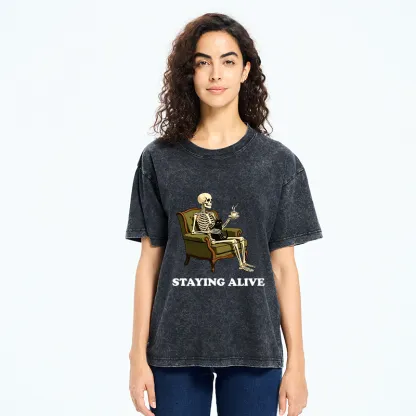 Tokyo‑Tiger Skeleton Coffee Cat Washed T‑Shirt