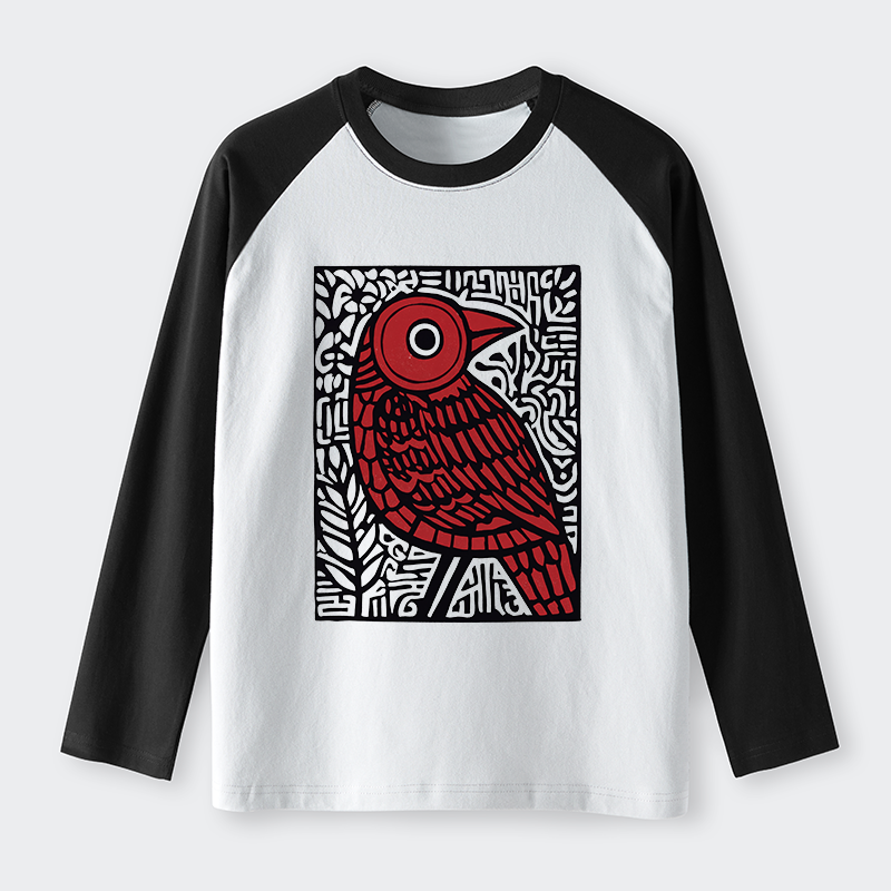 Tokyo-Tiger Retro Woodblock Bird Raglan Long Sleeve T-shirt