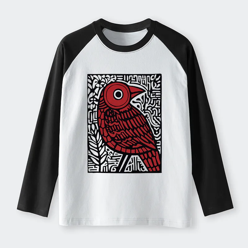Tokyo-Tiger Retro Woodblock Bird Raglan Long Sleeve T-shirt