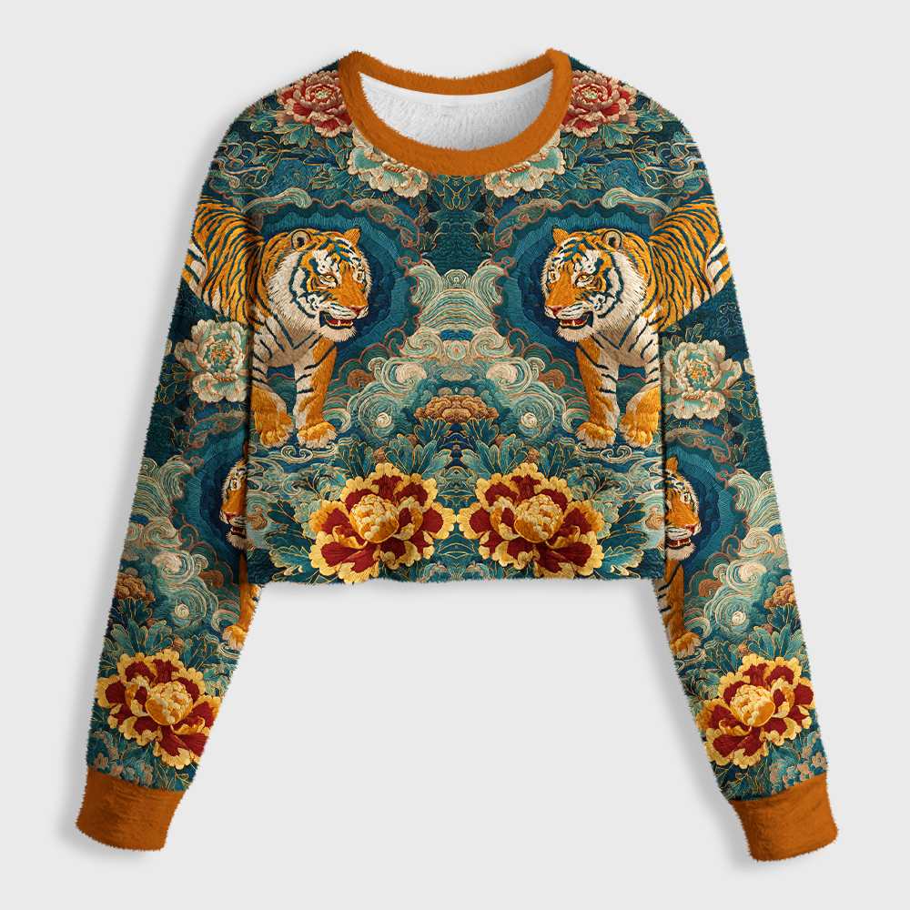 Tokyo-Tiger Imperial Tiger Tapestry Special Version Women's Fuzzy Cropped Sweatshirt