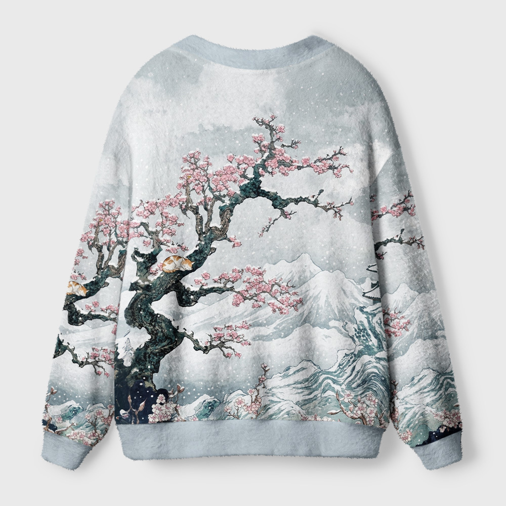 Tokyo-Tiger Sleeping Cat Snow Cherry Ugly Cardigan Sweater
