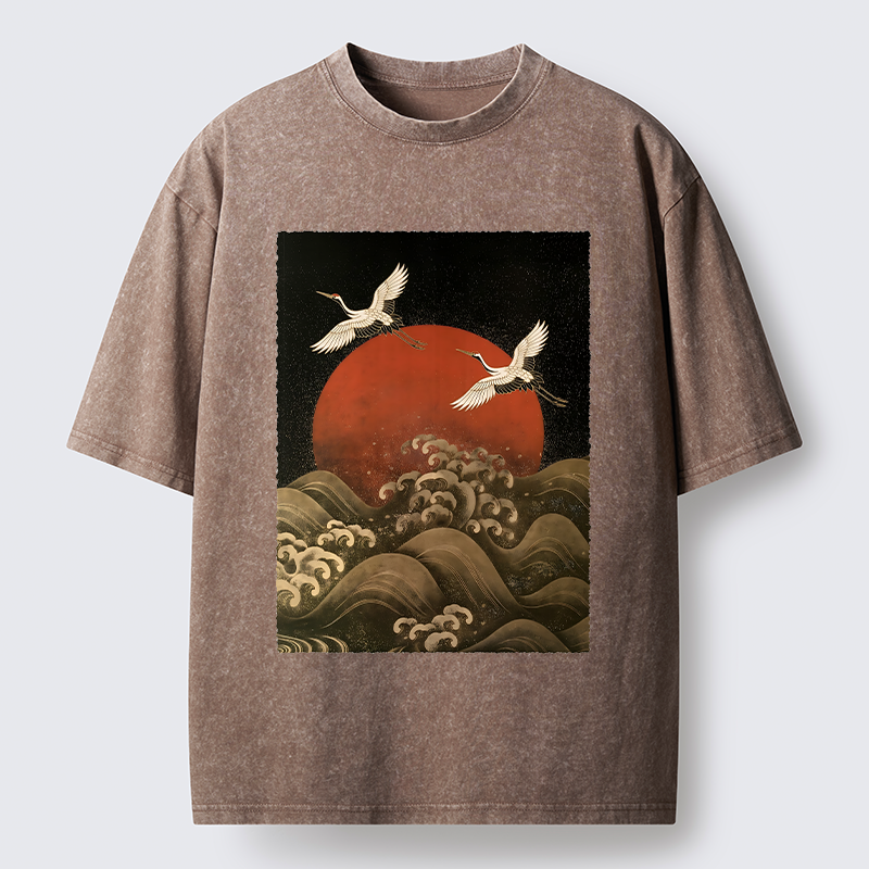 Tokyo-Tiger Japanese Crane Wave Art Washed T-Shirt
