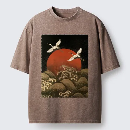 Tokyo-Tiger Japanese Crane Wave Art Washed T-Shirt