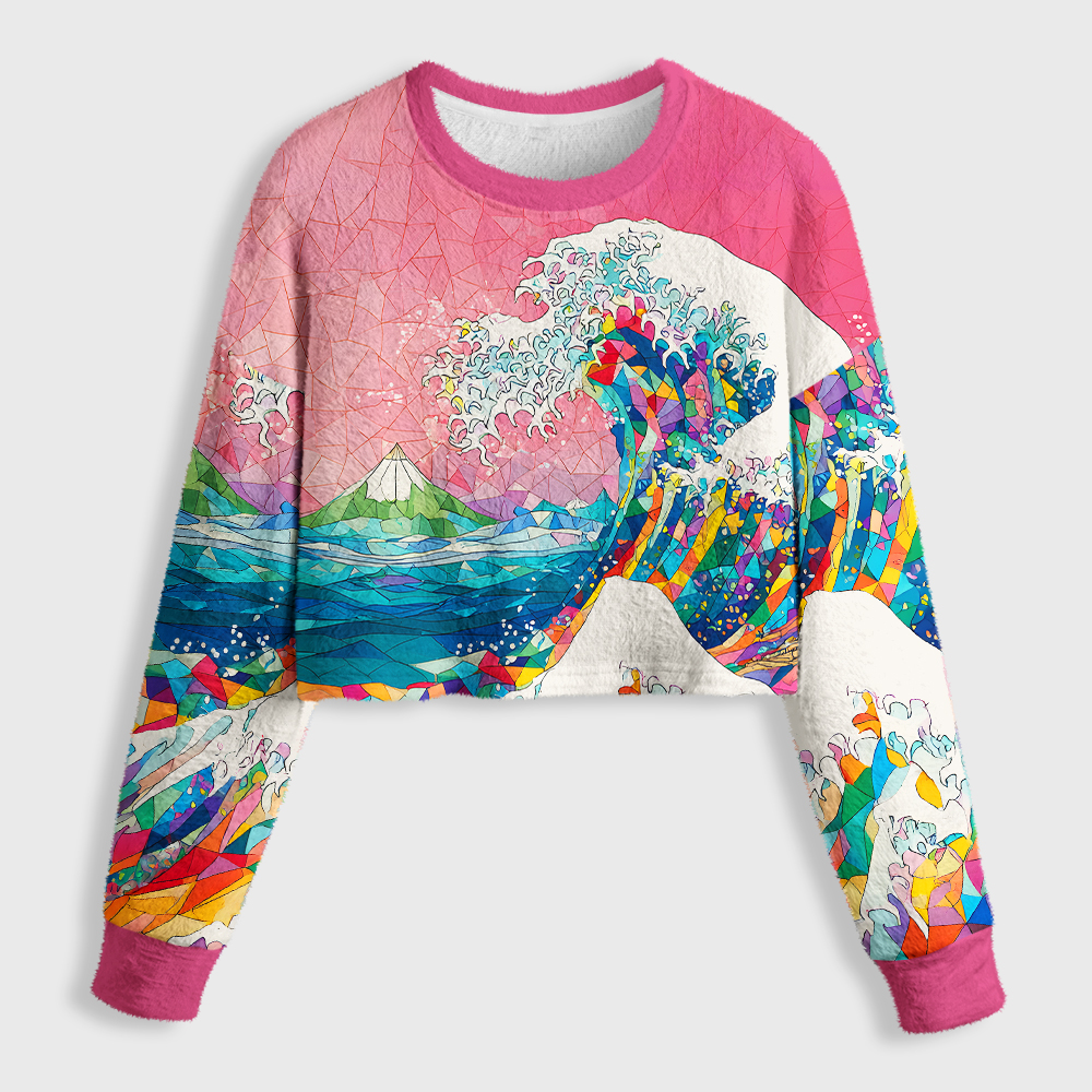 Tokyo-Tiger Colorful Prismatic Wave Women's Fuzzy Cropped Sweatshirt