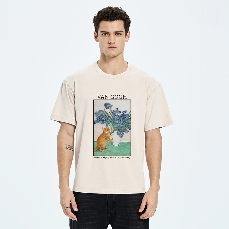 Tokyo-Tiger Orange Cat Touches Van Gogh Irises Washed T-Shirt