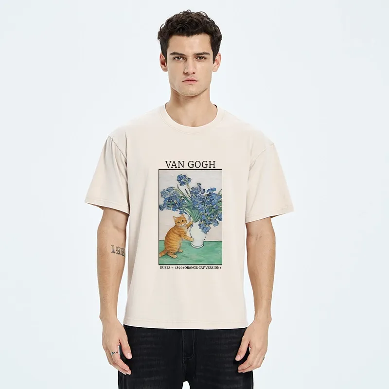 Tokyo-Tiger Orange Cat Touches Van Gogh Irises Washed T-Shirt