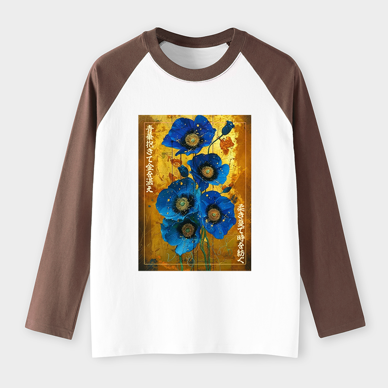 Tokyo-Tiger Shiny Blue Flower Warm Golden Background Raglan Long Sleeve T-shirt