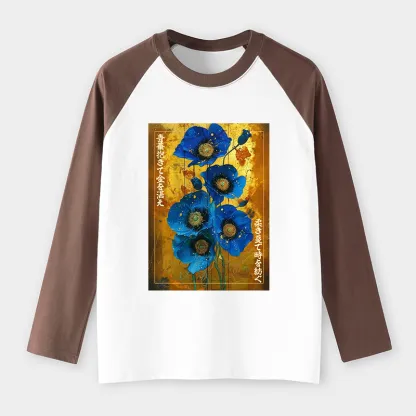 Tokyo-Tiger Shiny Blue Flower Warm Golden Background Raglan Long Sleeve T-shirt