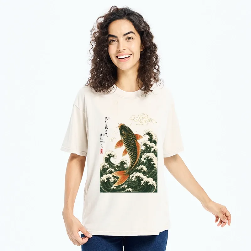 Tokyo-Tiger Japanese Koi Ascends Over Foamy Sea Waves Washed T-Shirt
