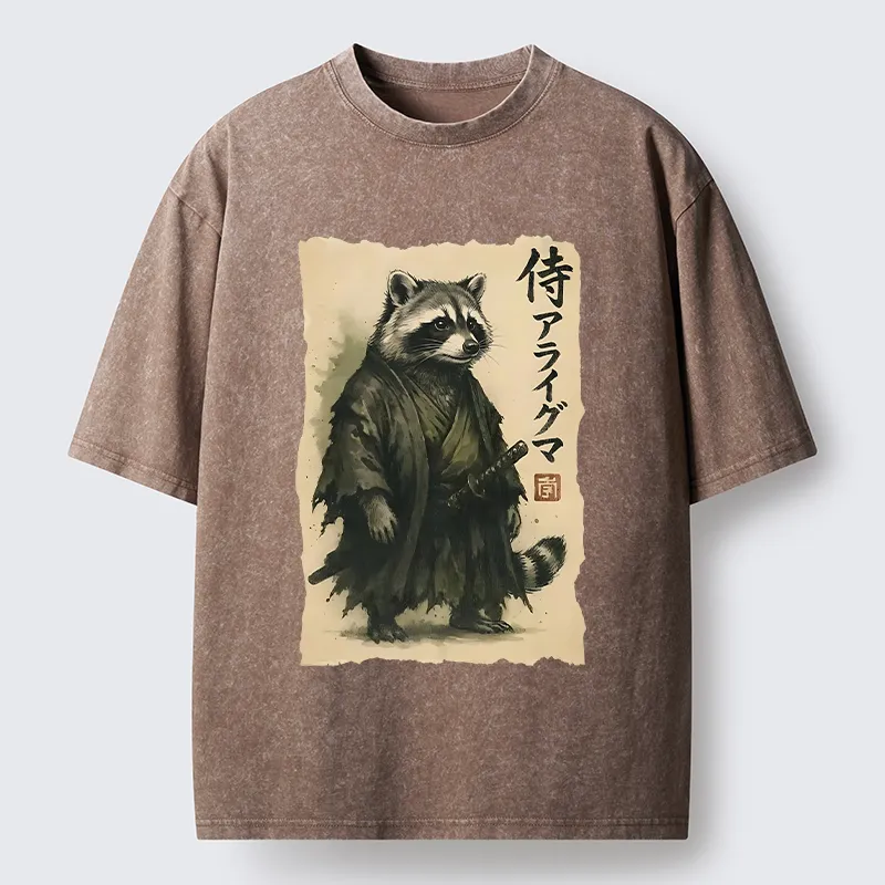 Tokyo-Tiger Japanese Samurai Raccoon Art Washed T-Shirt