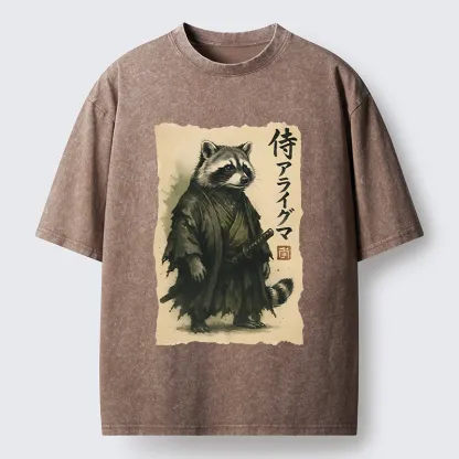 Tokyo-Tiger Japanese Samurai Raccoon Art Washed T-Shirt