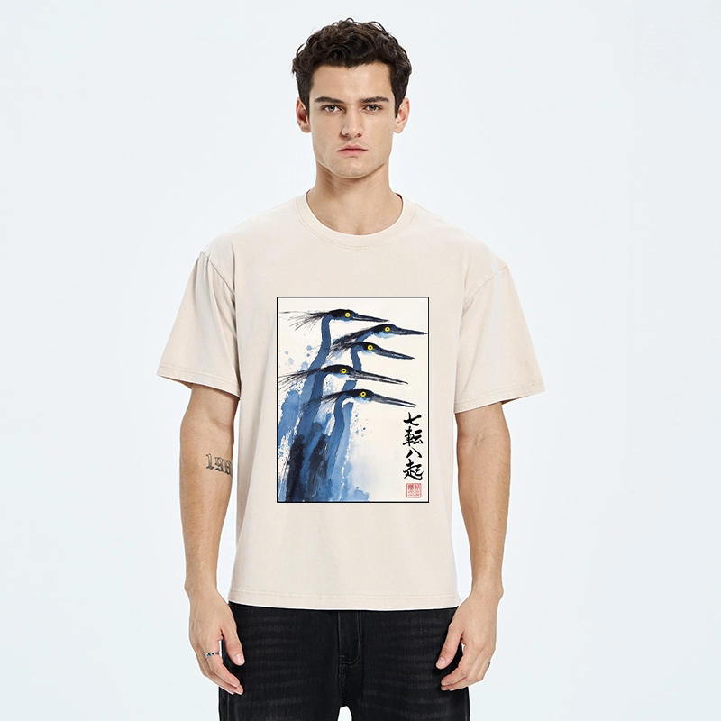 Tokyo-Tiger Blue Herons Japanese Ink Art Washed T-Shirt
