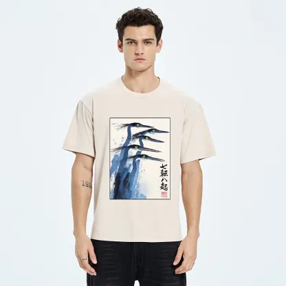 Tokyo-Tiger Blue Herons Japanese Ink Art Washed T-Shirt