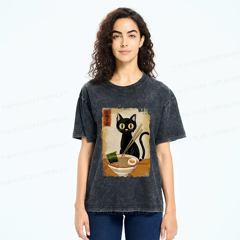Tokyo-Tiger Cat Eating Ramen Retro Washed T-Shirt