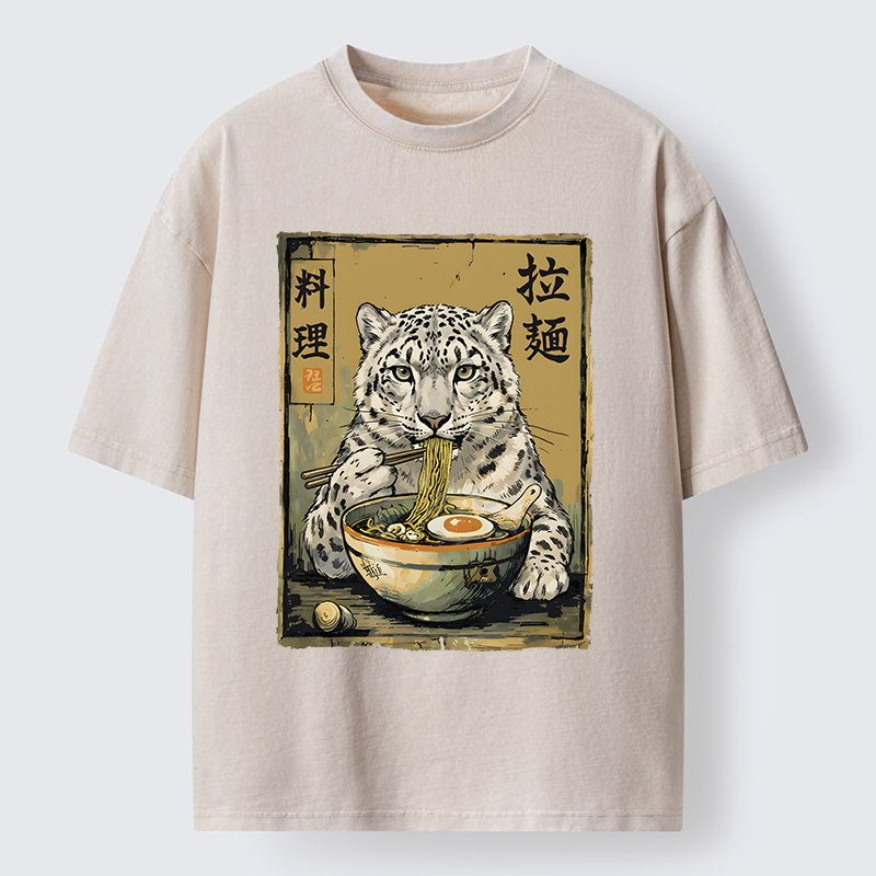 Tokyo-Tiger Ramen Snow Leopard Meme Washed T-Shirt