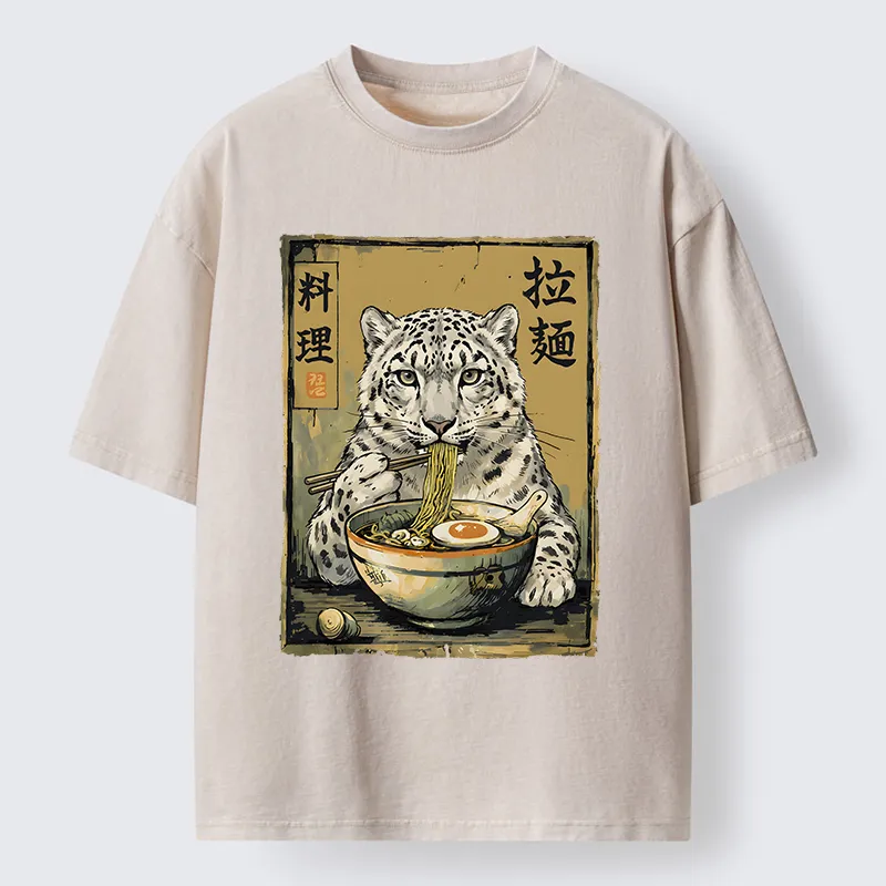 Tokyo-Tiger Ramen Snow Leopard Meme Washed T-Shirt