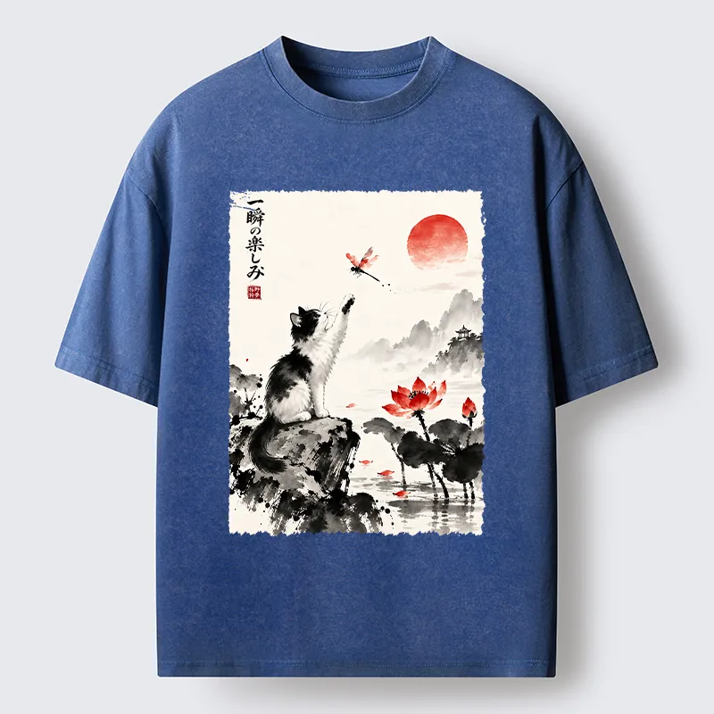 Tokyo-Tiger Cat Chases Dragonfly Washed T-Shirt