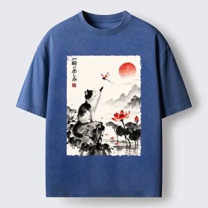 Tokyo-Tiger Cat Chases Dragonfly Washed T-Shirt