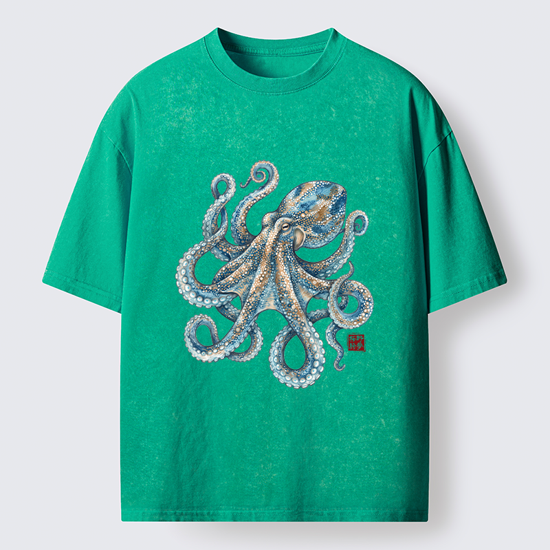 Tokyo-Tiger Ocean Octopus Art Washed T-Shirt