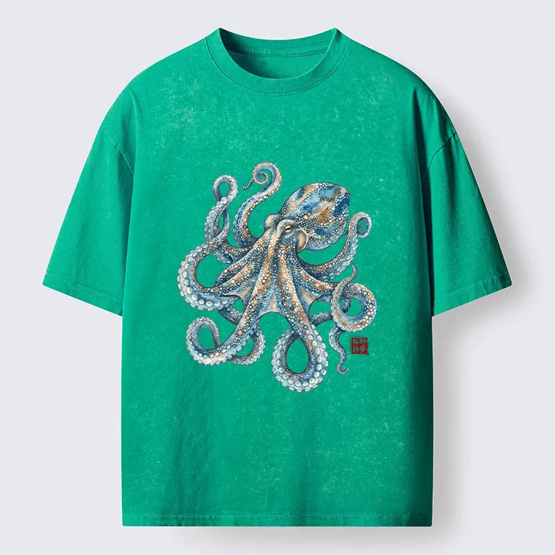 Tokyo‑Tiger Ocean Octopus Art Washed T‑Shirt Sale