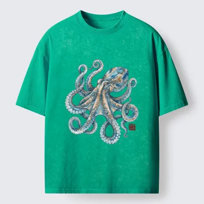 Tokyo-Tiger Ocean Octopus Art Washed T-Shirt