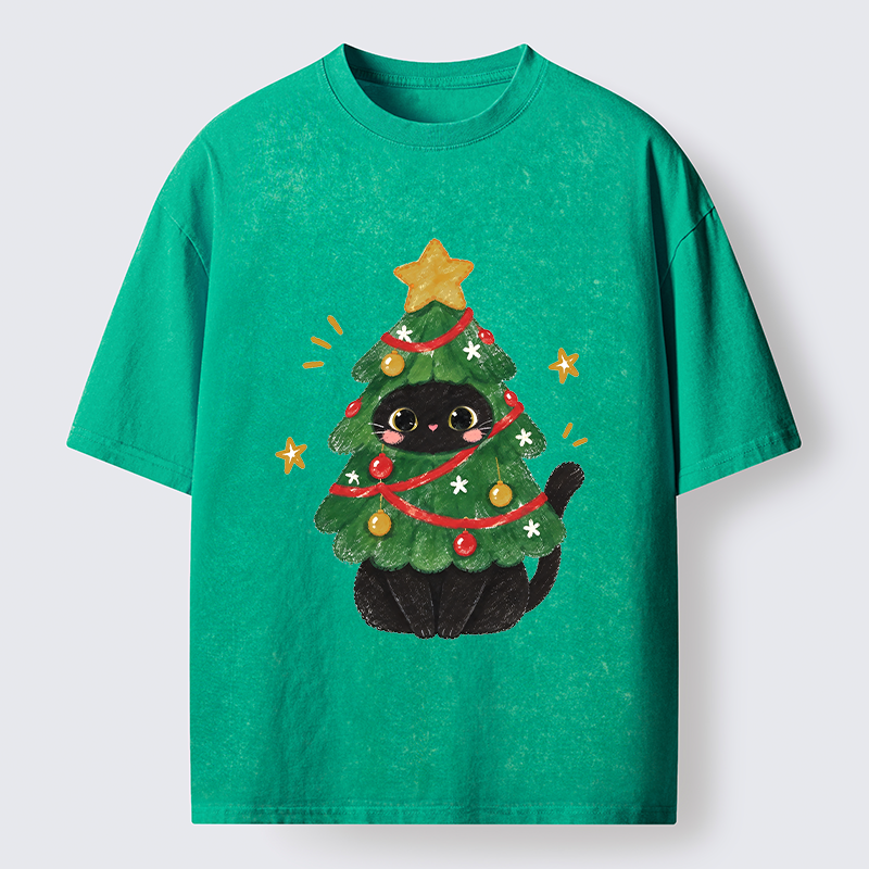 Tokyo-Tiger Christmas Tree Black Cat Washed T-Shirt