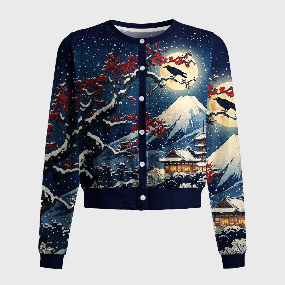 Tokyo-Tiger Fuji Snow Plum Blossoms Women's Fuzzy Cropped Sweatshirt