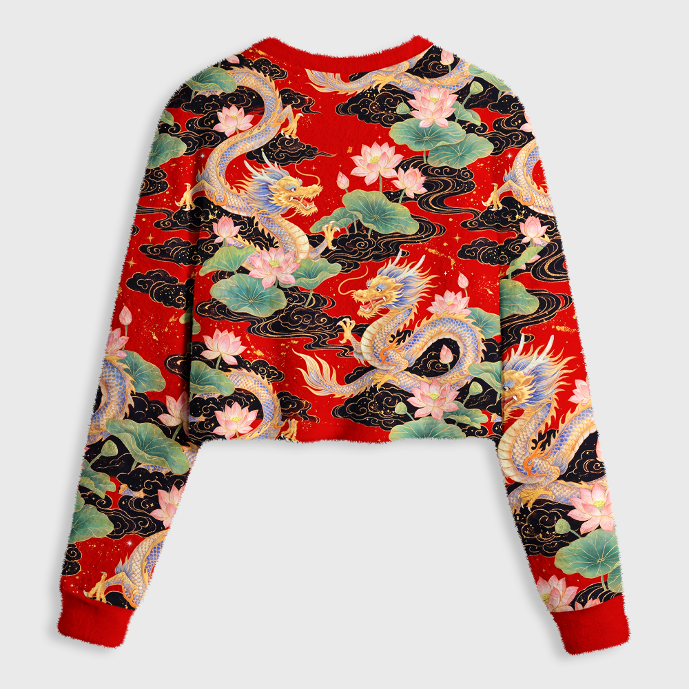 Tokyo-Tiger Traditional Asian Dragon Lotus Blossom Women's Fuzzy Cropped Sweatshirt