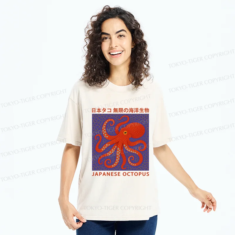 Tokyo-Tiger Retro Japanese Octopus Washed T-Shirt