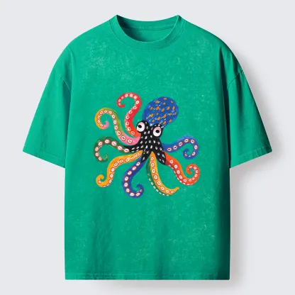 Tokyo-Tiger Bright Rainbow Octopus Washed T-Shirt