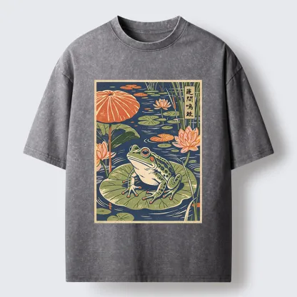 Tokyo-Tiger Frog In Lotus Pond Washed T-Shirt