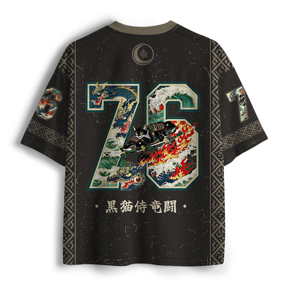 Tokyo-Tiger Japanese Black Cat Dragon Samurai Mesh Jersey