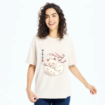 Tokyo-Tiger Soft Sakura White Cat Peaceful Sleep Washed T-Shirt